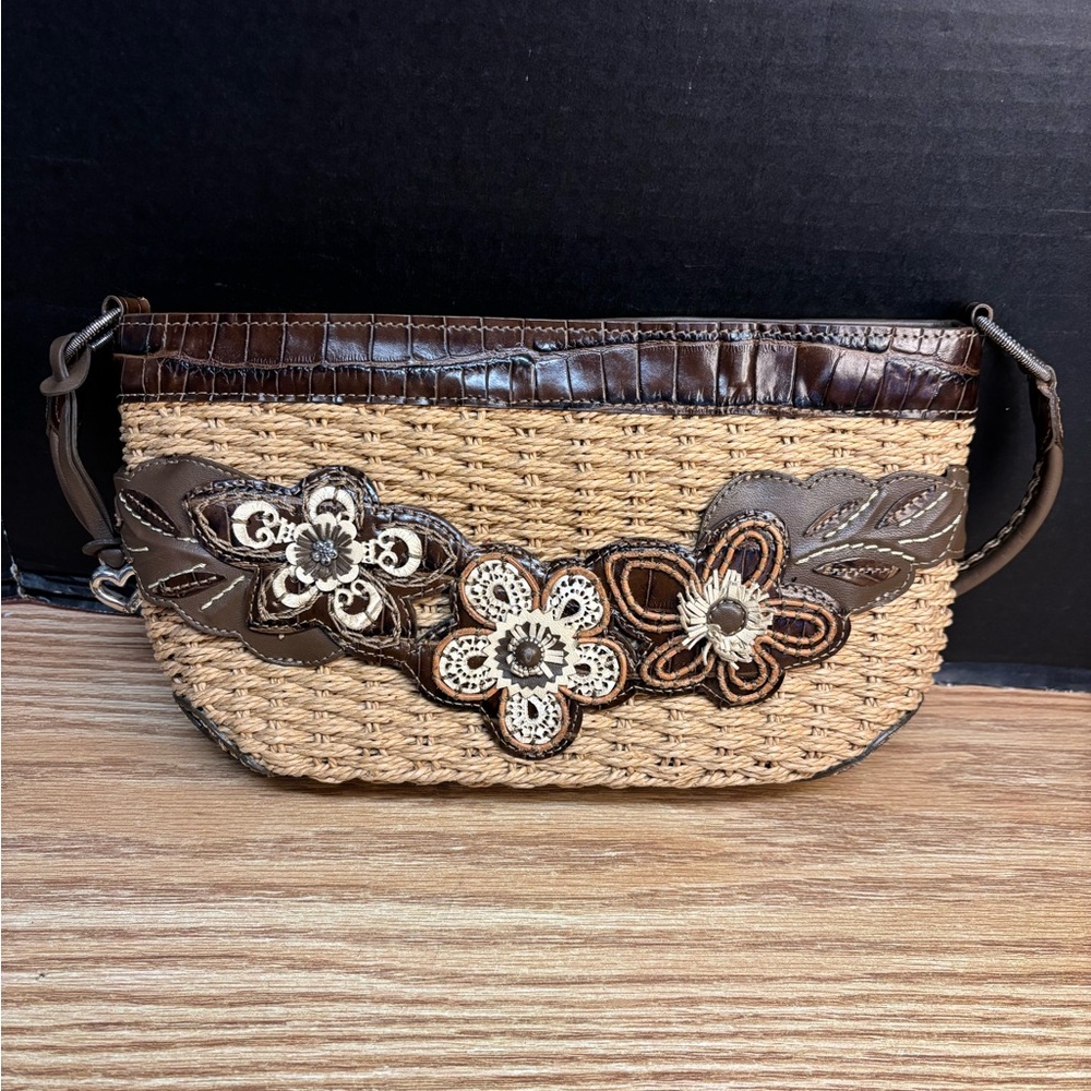 Brighton Straw & Faux Leather Brown Jute Flower Shoulder Bag Mini Purse #4663